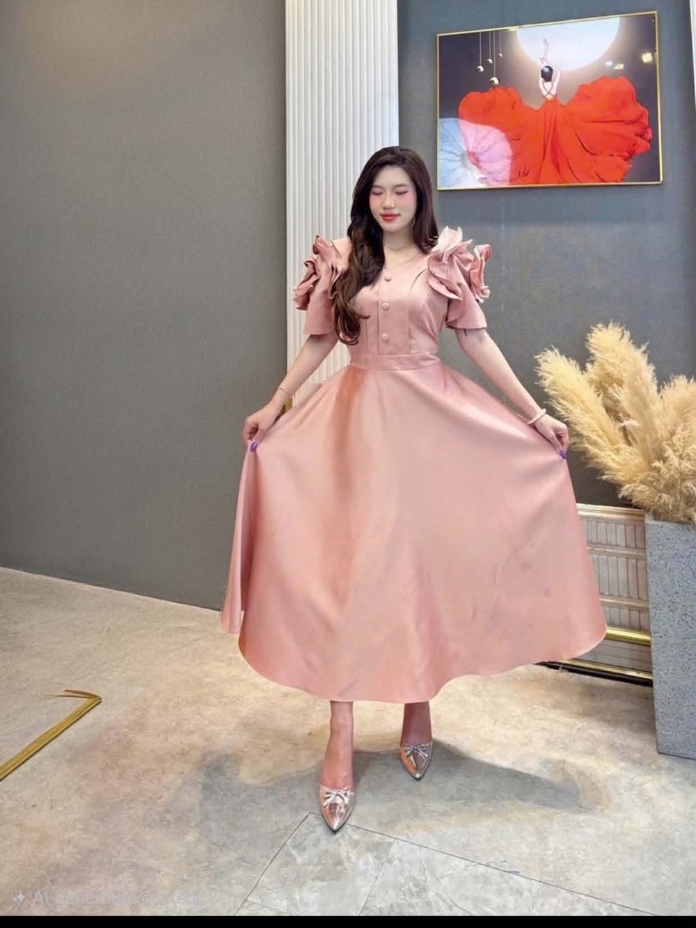 Modern Elegant Filipiniana Peach Satin Midi Dress w/ Ruffled Sleeves Fits S to L